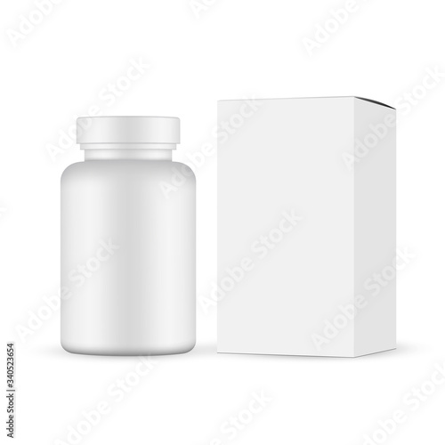 Plastic pills jar with cardboard box mockup isolated on white background. Vector illustration