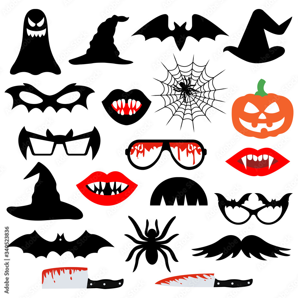 Halloween party photo booth props isolated on white background. Vector illustration Halloween party photo booth props isolated on white background. Vector illustration