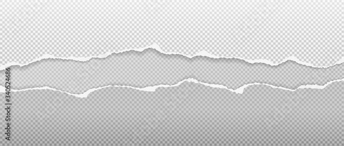 Pieces of torn white paper with soft shadow stuck on grey squared background. Vector illustration