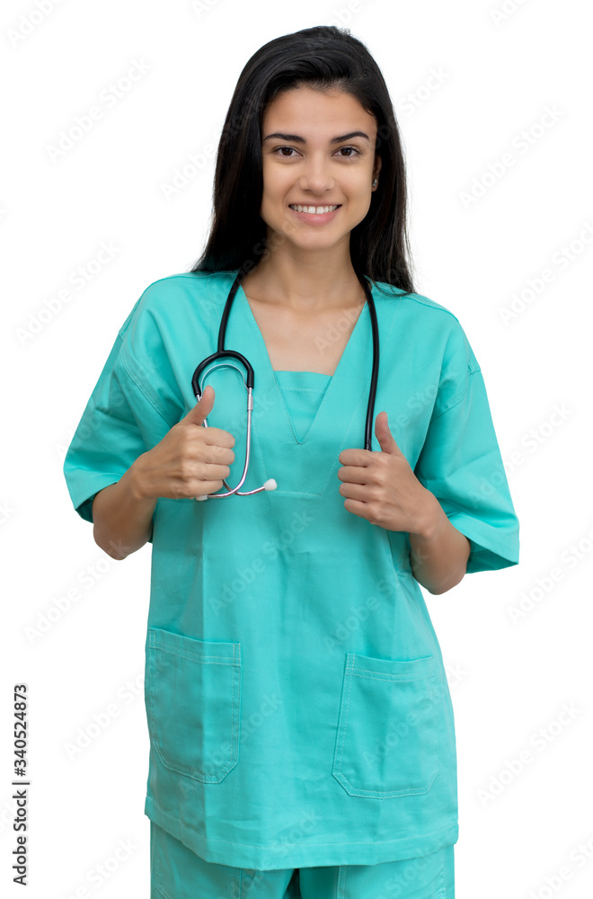 Hispanic female nurse or medical student showing thumb up Hispanic female nurse or medical student showing thumb up