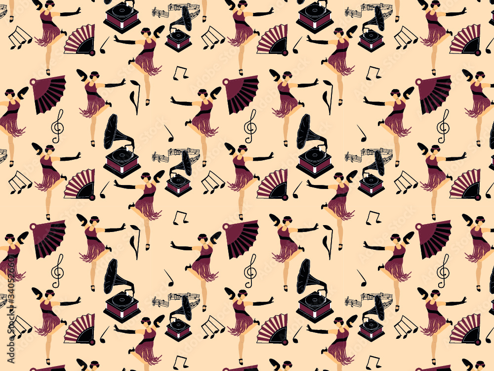 pattern with dancing girl, gramophone and fan
