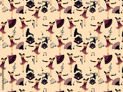pattern with dancing girl, gramophone and fan © Kooper