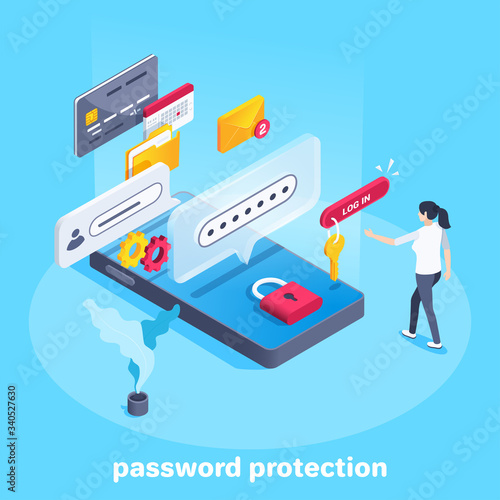 isometric vector image on a blue background, a woman clicks on the authorization button on the smartphone screen, password protection