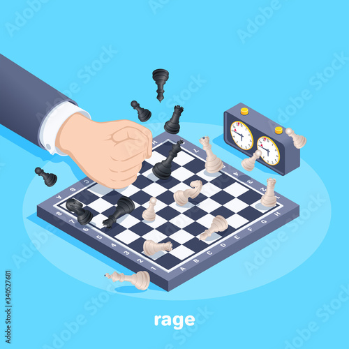 isometric vector image on a blue background, a male hand beats the chessboard and flying chess pieces, a manifestation of aggression or rage