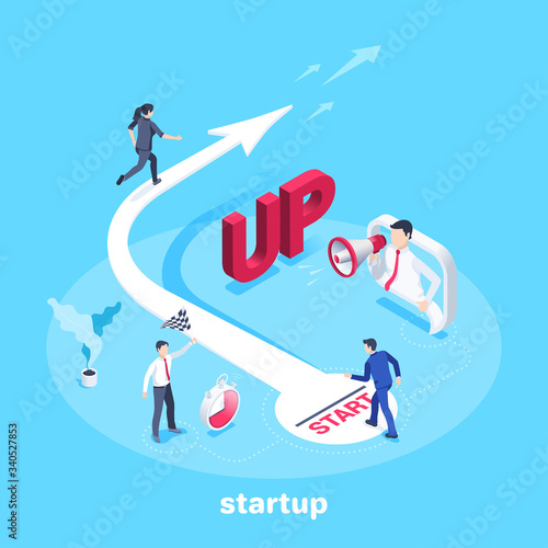 isometric vector image on a blue background, a woman in business clothes runs up the arrow and a man stands at the start, startup or competition