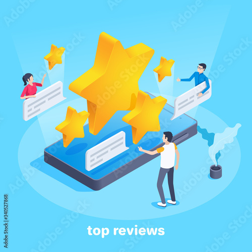 isometric vector image on a blue background, men and women send messages with stars on a smartphone, top reviews