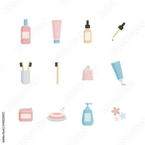 Skincare products and cosmetic tubes icons in pastel colors on white background. Bath supplies: shampoo, shower gel, toothbrush, face cream, soap. Beauty routine and hygiene set. Flat vector clip art