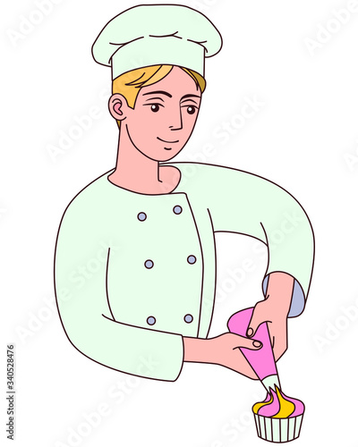 Male cook decorates a cake, vector illustration on white background. Hand drawn pastry-cook in chef uniform and cap at work, confectioner holds a pastry bag.