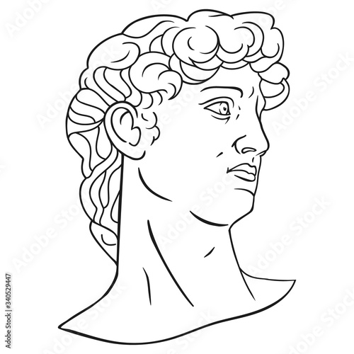 Antique statue head illustration. Isolated lined vector art. Ancient history symbol clipart. Classic standart beauty symbol.