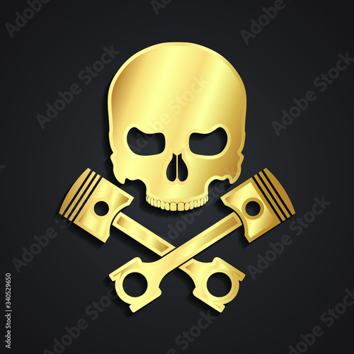 3d gold metal skull with crossed pistons symbol