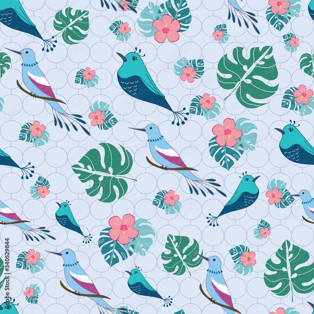 Obraz premium Seamless pattern tropical birds and flowers on pastel purple background