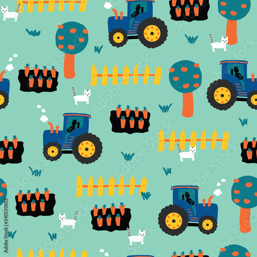 Tractors seamless kids pattern. Tractor, carrots, fence, apple trees and cats repeating vector background. Farming pattern for children fabric, wrapping paper, kids decor, boys apparel