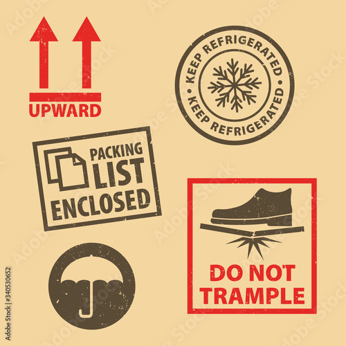 Set of fragile sticker Keep Refrigerated icon packaging symbols sign, Do Not Trample rubber stamp on cardboard background, vector illustration. Use on package. EPS10.