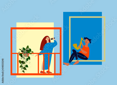 People making musical performance from their windows and balconies. Neighbourhood concert. Social distancing during COVID-19 pandemic. Vector illustration in flat style