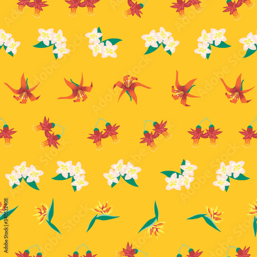 Seamless tropical flower summer vector pattern yellow. Exotic flowers background. Illustration of tropical Bird of paradise, Frangipani, Plumeria, Lily, Fuchsia