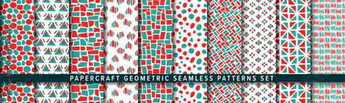 Paper craft geometric seamless pattern set. Vector background. Orange and Brown. 紙工作幾何学パターンセット