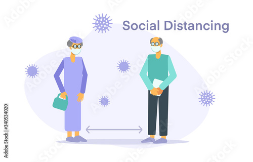 Social distancing sign, keep distance in public society people to protect from COVID-19 coronavirus. Old man and woman with mask isolated  on violet . Vector flat illustration on white background.
