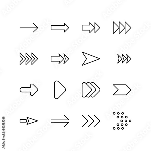 Set of arrow line icon design, black outline vector icons, isolated against the white background, forward mark vector illustration.
