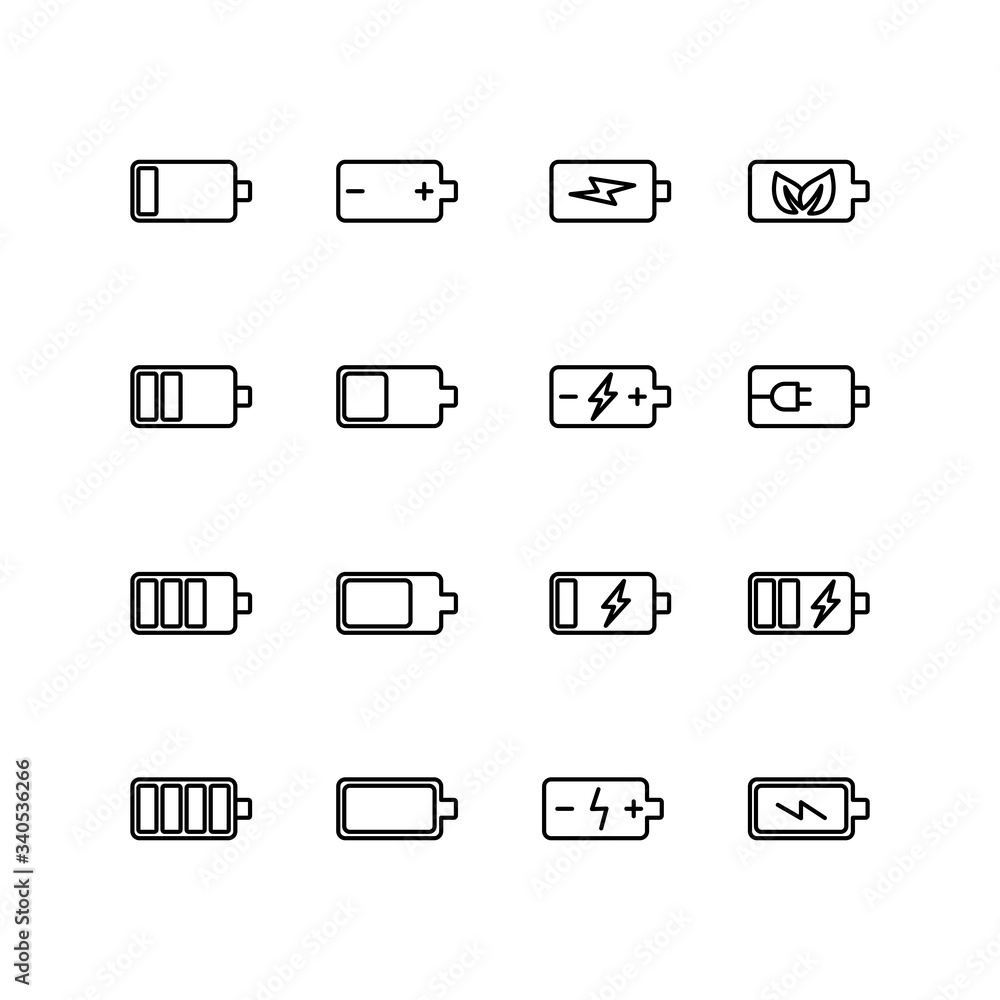 Set of battery indicator line icon design, black outline vector icons, isolated against the white background, energy power mark vector illustration. Set of battery indicator line icon design, black outline vector icons, isolated against the white background, energy power mark vector illustration.
