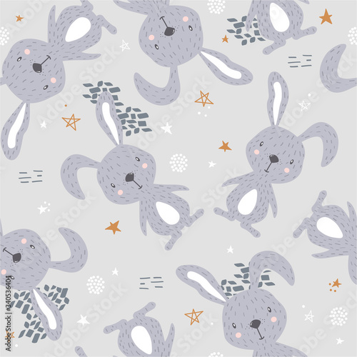 Bunnies, hand drawn backdrop. Colorful seamless pattern with animals. Decorative cute wallpaper, good for printing. Overlapping background vector. Design illustration, rabbits © Talirina