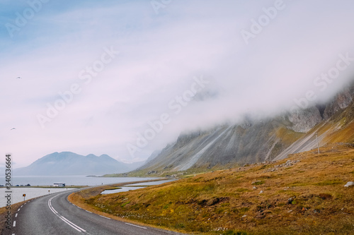 road number one in iceland fjord and fog in the mountains