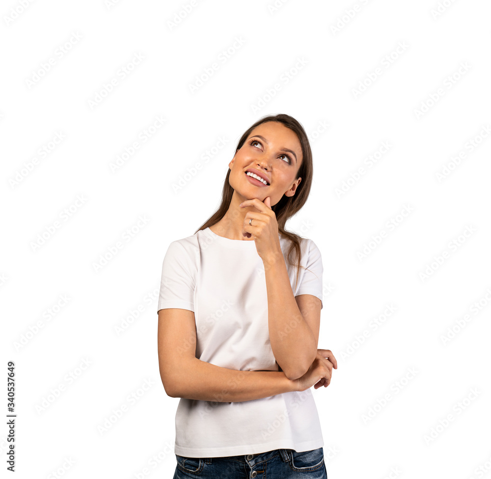 Thoughtful dreamy smiling young woman, isolated Thoughtful dreamy smiling young woman, isolated