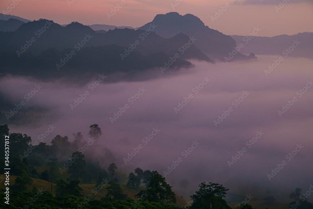 Obraz premium Traveling to see the sea of mist and sunrise in the morning at the view of Phu Lanka, Phayao Province, Thailand