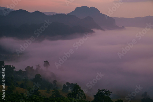 Traveling to see the sea of mist and sunrise in the morning at the view of Phu Lanka  Phayao Province  Thailand
