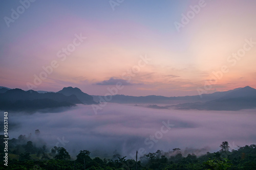 Traveling to see the sea of mist and sunrise in the morning at the view of Phu Lanka  Phayao Province  Thailand