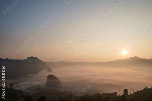 Traveling to see the sea of mist and sunrise in the morning at the view of Phu Lanka  Phayao Province  Thailand