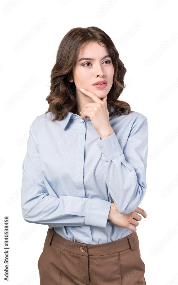 Thoughtful young businesswoman or student isolated Thoughtful young businesswoman or student isolated