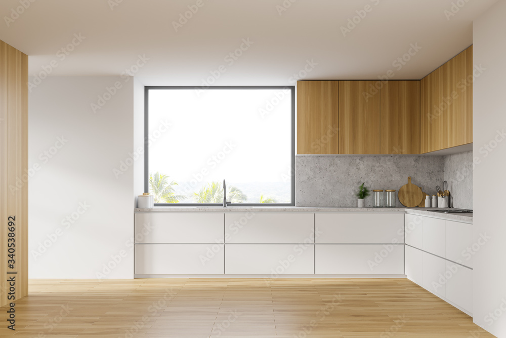 Fototapeta premium White and wooden kitchen interior with countertops