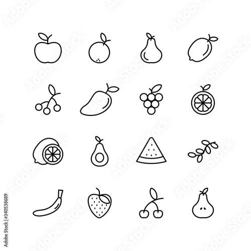 Set of fruit line icon design vector, vegetable mark vector illustration. Such as apple, orange, cherry, watermelon. Black outline vector icons, isolated against the white background.