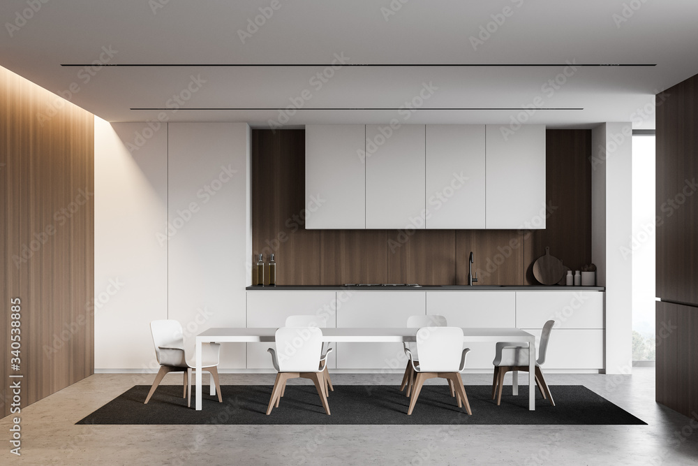 Fototapeta premium White and wooden kitchen, countertops and table