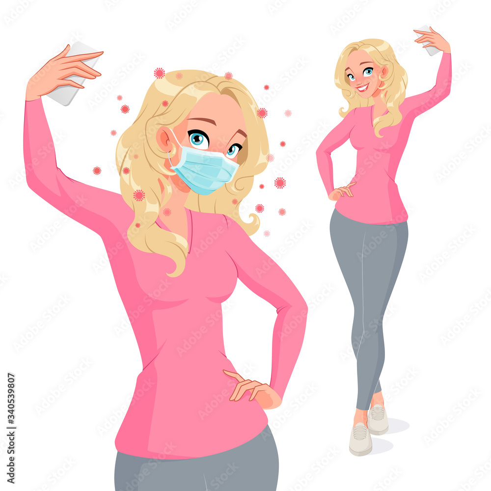 Pretty smiling young woman in protective mask taking selfie photo. Isolated vector illustration. Pretty smiling young woman in protective mask taking selfie photo. Isolated vector illustration.