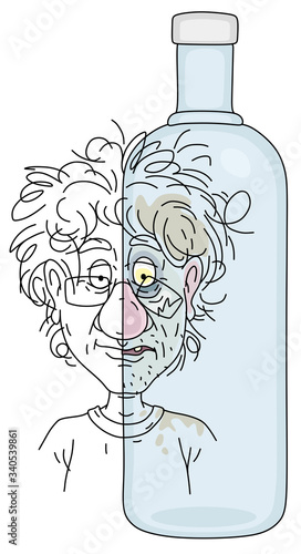 Before and after a fun party, sober and drunk, a slightly smiling normal face and a sad, unkempt and battered face with bruise of a toper on the background of a empty bottle, vector cartoon illustrati