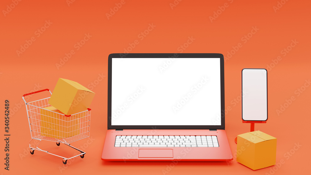 3D Illustration blank screen orange Laptop and red smart phone with cart yellow box package on light orange Background, colorful Laptop Computer and mobile with white display. 3D Illustration blank screen orange Laptop and red smart phone with cart yellow box package on light orange Background, colorful Laptop Computer and mobile with white display.