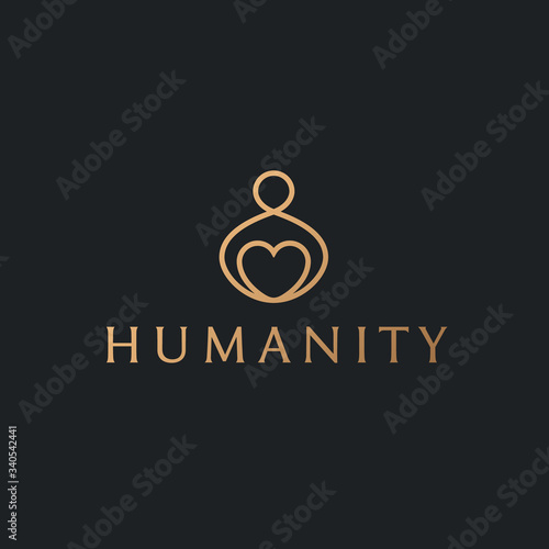 Line art human hold or hug heart logo. Elegant mental health care logo with embrace for clinic. Simple welcoming, warmth, kindness, wellness icon with empathy. 
