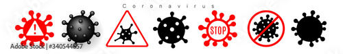 Coronavirus 2019-nCoV. Corona virus icons warning set. Signs isolated white background. Stop pathogen respiratory infection. Bacteria influenza pandemic Corona-virus prevention. Vector illustration