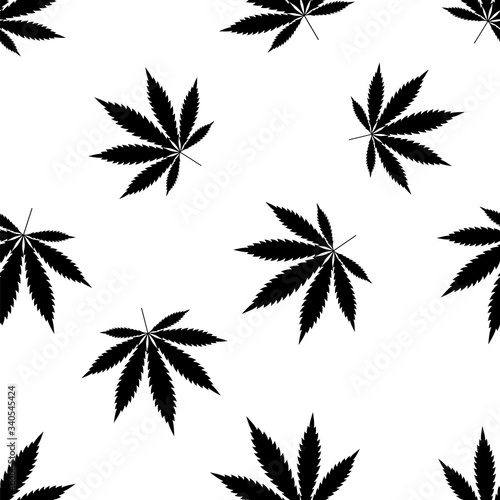 Cannabis seamless pattern. Marijuana leaf, black weed plant. Hashish texture, isolated white background. Hemp psychedelic grass. Fabric print for medical wallpaper. Simple design Vector illustration