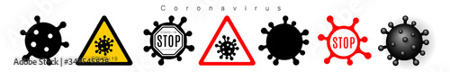 Coronavirus 2019-nCoV. Corona virus icons warning set. Signs isolated white background. Stop pathogen respiratory infection. Bacteria influenza pandemic Corona-virus prevention. Vector illustration