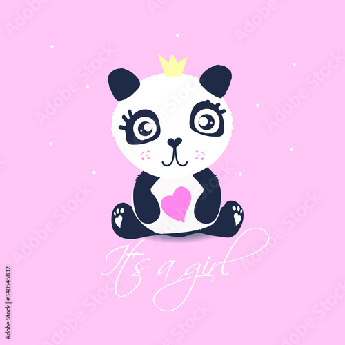 It's a girl vector card. Cute panda on the pink background.