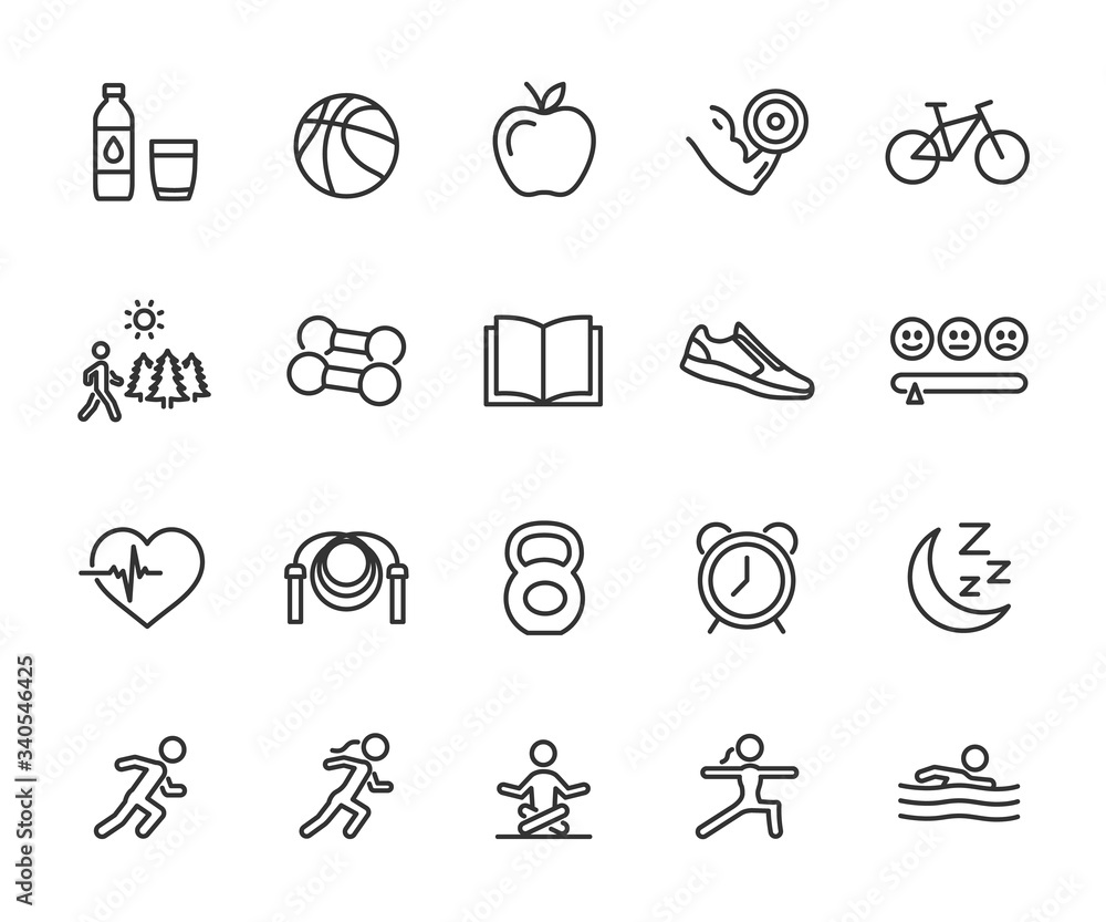 Vector set of healthy lifestyle line icons. Contains icons exercise ...