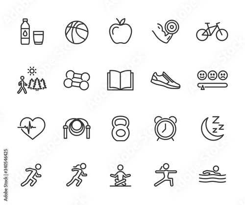 Vector set of healthy lifestyle line icons. Contains icons exercise, healthy eating, outdoor walking, daily routine, knowledge, good mood and more. Pixel perfect.