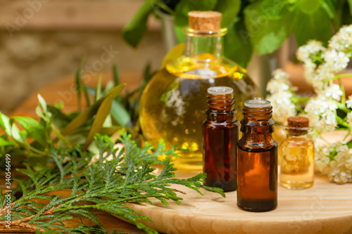Assortment of natural oils in glass bottles on wooden background. Concept of pure organic ingredients in cosmetology. Atmosphere of harmony  relax  spa. Close up macro. Healthy lifestyle