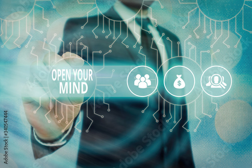 Word writing text Open Your Mind. Business photo showcasing to be able to understand different ideas or ways of thinking