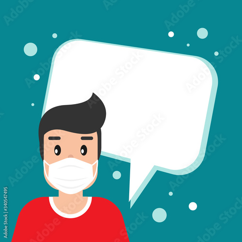 man with medical mask avatar. cute woman with big chat bubble.