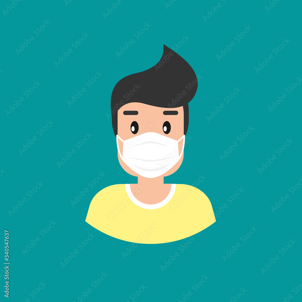 man with medical mask avatar. cute woman with black hair. flat icon on blue background. person character.