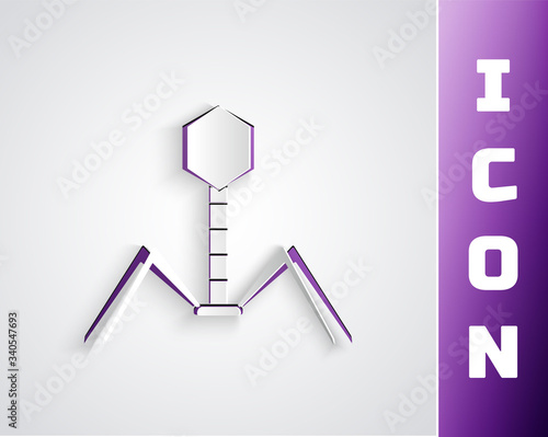 Paper cut Bacteria bacteriophage icon isolated on grey background. Bacterial infection sign. Microscopic germ cause diseases concept. Paper art style. Vector Illustration