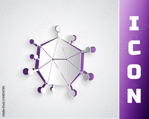 Paper cut Virus icon isolated on grey background. Corona virus 2019-nCoV. Bacteria and germs, cell cancer, microbe, fungi. Paper art style. Vector Illustration